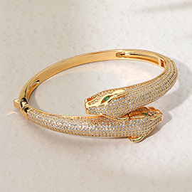 18K Gold Plated CZ Stone Paved Dual Leopard Panther Head Tip Hinged Bangle Bracelet