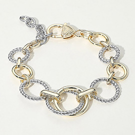 14K Gold Plated Two Tone Textured Circle Link Chain Bracelet