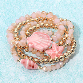 5PCS - Starfish Shell Accent Faceted Beaded Stretch Multi Layered Bracelets
