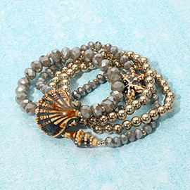 5PCS - Starfish Shell Accent Faceted Beaded Stretch Multi Layered Bracelets