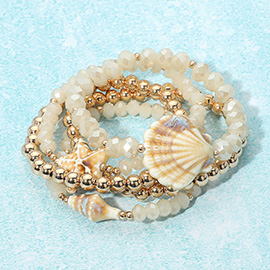 5PCS - Starfish Shell Accent Faceted Beaded Stretch Multi Layered Bracelets