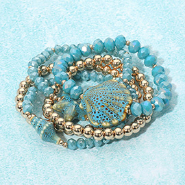5PCS - Starfish Shell Accent Faceted Beaded Stretch Multi Layered Bracelets