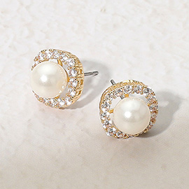 Gold Plated CZ Stone Paved Rim Pearl Stud Earrings