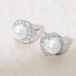 Rhodium Plated CZ Stone Paved Rim Pearl Stud Earrings