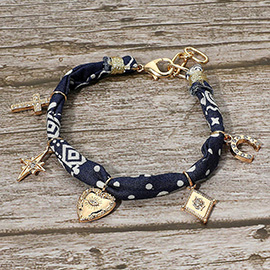 Boho Cross Heart Horseshoe Charm Station Fabric Bracelet