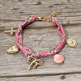 Boho Cross Heart Bow Medal Ceramic Shell Charm Station Fabric Bracelet