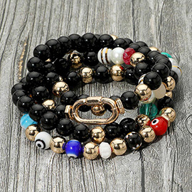 4PCS - Carabiner Accent Evil Eye Pearl Ball Beaded Stretch Multi Layered Bracelets