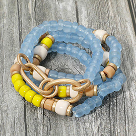 4PCS - Worn Metal Chain Link Accent Beaded Stretch Multi Layered Bracelets