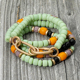4PCS - Worn Metal Chain Link Accent Beaded Stretch Multi Layered Bracelets