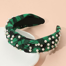 Pearl Embellished Holiday Plaid Knot Headband
