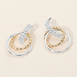 Textured Metal Double Circle Link Drop Earrings