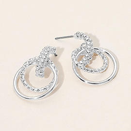 Textured Metal Double Circle Link Drop Earrings