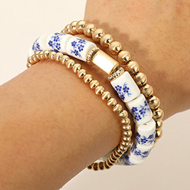 3PCS - Floral Printed Ceramic Cylinder Metal Ball Beaded Stretch Multi Layered Bracelets