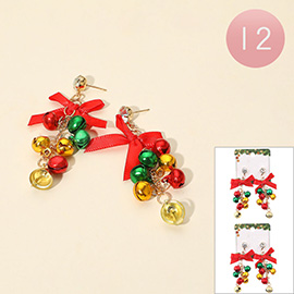 12Pairs - Jingle Bells Beaded Drop Holiday Bow Earrings