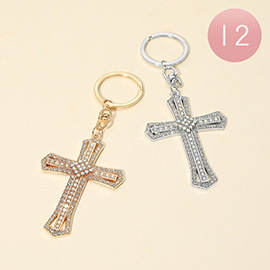 12PCS - Rhinestone Paved Cross Charm Keychains