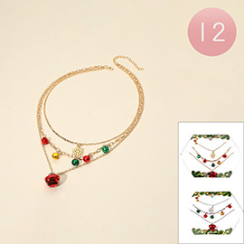 12PCS - Holiday Snowflake Jingle Bell Charm Accent Layered Necklaces