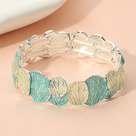 Colored Textured Metal Leaf Motif Stretch Bracelet