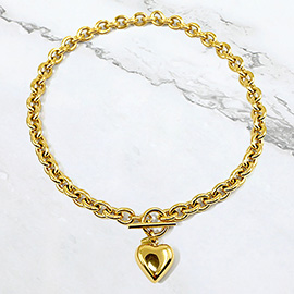Stainless Steel Puffy Heart Pendant Toggle Necklace