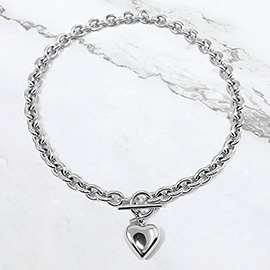 Stainless Steel Puffy Heart Pendant Toggle Necklace