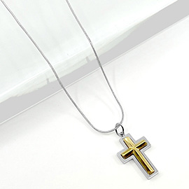 Stainless Steel Two Tone Cross Pendant Necklace