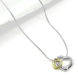 Stainless Steel Two Tone Double Open Heart Pendant Necklace
