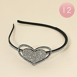 12PCS - Bling Studded Heart Accent Headbands