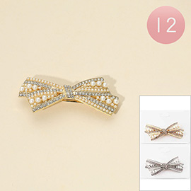 12PCS - Pearl Rhinestone Bow Barrettes