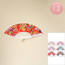 12PCS - Vibrant Floral Pattern Printed Folding Fans