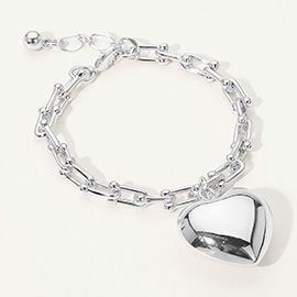 White Gold Dipped Industrial Link Chain Puffy Heart Charm Bracelet