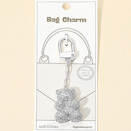 White Gold Dipped CZ Stone Paved Teddy Bear Drop Keychain / Bag Charm