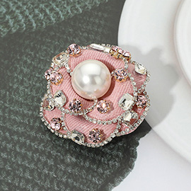 Rhinestone Embellished Pearl Accent Flower Pin Brooch / Hair Clip