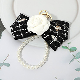 Stone Cluster Embellished Floral Tweed Bow Pearl Wristlet Keychain / Bag Charm