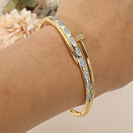 SECRET BOX_Stainless Steel Rhinestone Pave Marquise Accent Nailhead Hinged Bangle Bracelet