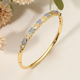SECRET BOX_Stainless Steel Open Rhinestone Pave Heart Motif Hinged Bangle Bracelet
