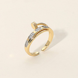SECRET BOX_14K Gold Dipped Rhinestone Pave Accented Nail Shaped Adjustable Ring