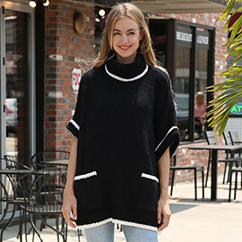 Colored Edge Solid Sleeveless Pocket Sweater