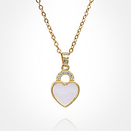 Stainless Steel CZ Stone Accent Mother of Pearl Heart Pendant Necklace