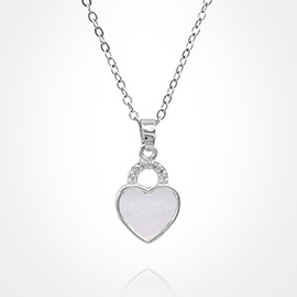 Stainless Steel CZ Stone Accent Mother of Pearl Heart Pendant Necklace
