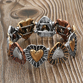 Vintage Metal Heart Motif Beaded Stretch Bracelet