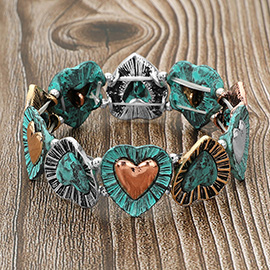 Vintage Metal Heart Motif Beaded Stretch Bracelet
