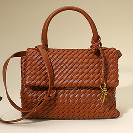 Faux Leather Woven Structured Top Handle Handbag / Crossbody Bag