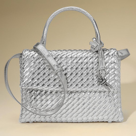 Faux Leather Woven Structured Top Handle Handbag / Crossbody Bag