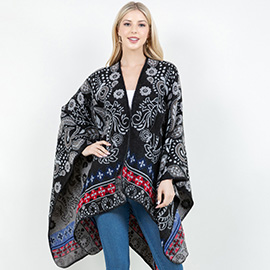 Open Front Boho Floral Paisley Pattern Shawl Wrap Poncho with Loop