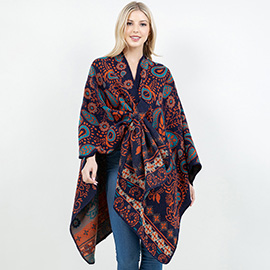Open Front Boho Floral Paisley Pattern Shawl Wrap Poncho with Loop